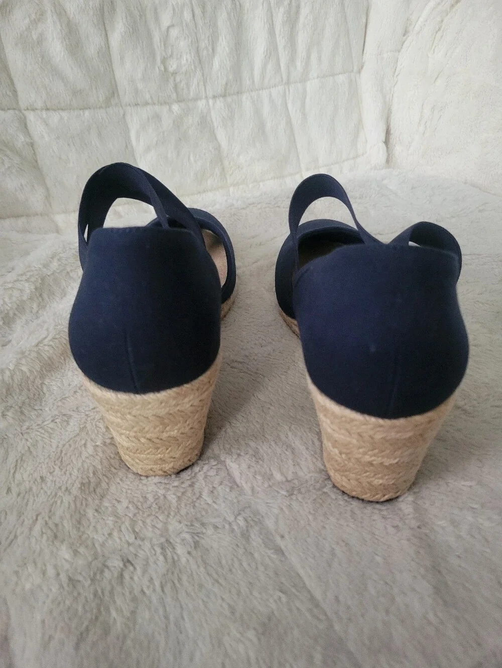 easy street Navy Espadrille Wedge Sandals with Elastic Cross Straps Size 11W